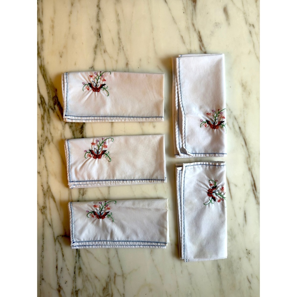 Vintage Embroidered Butterfly Cloth Napkins Set of 5 White Blue Stitching